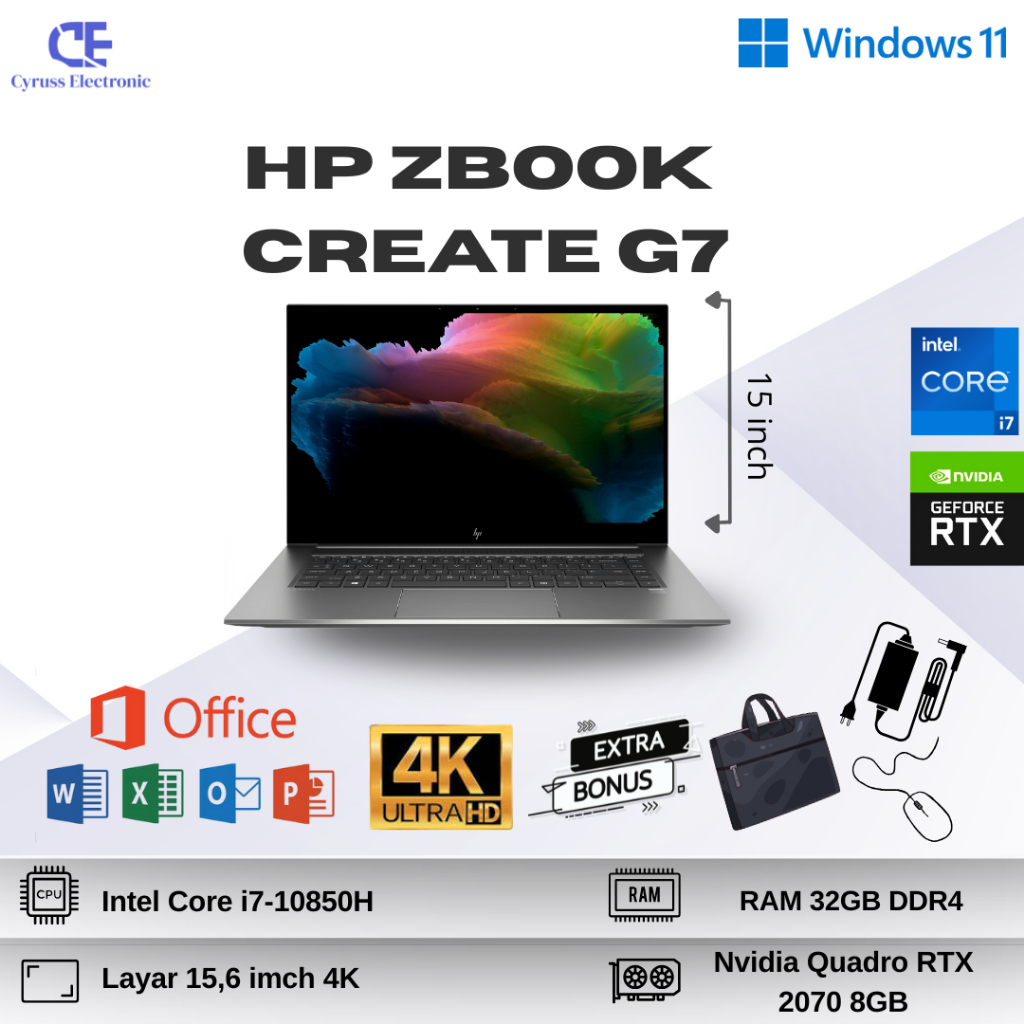 Laptop Workstation HP ZBook Create G7 Intel Core i7 Gen 10 RAM 32GB SSD 1TB VGA NVIDIA QUADRO RTX 20