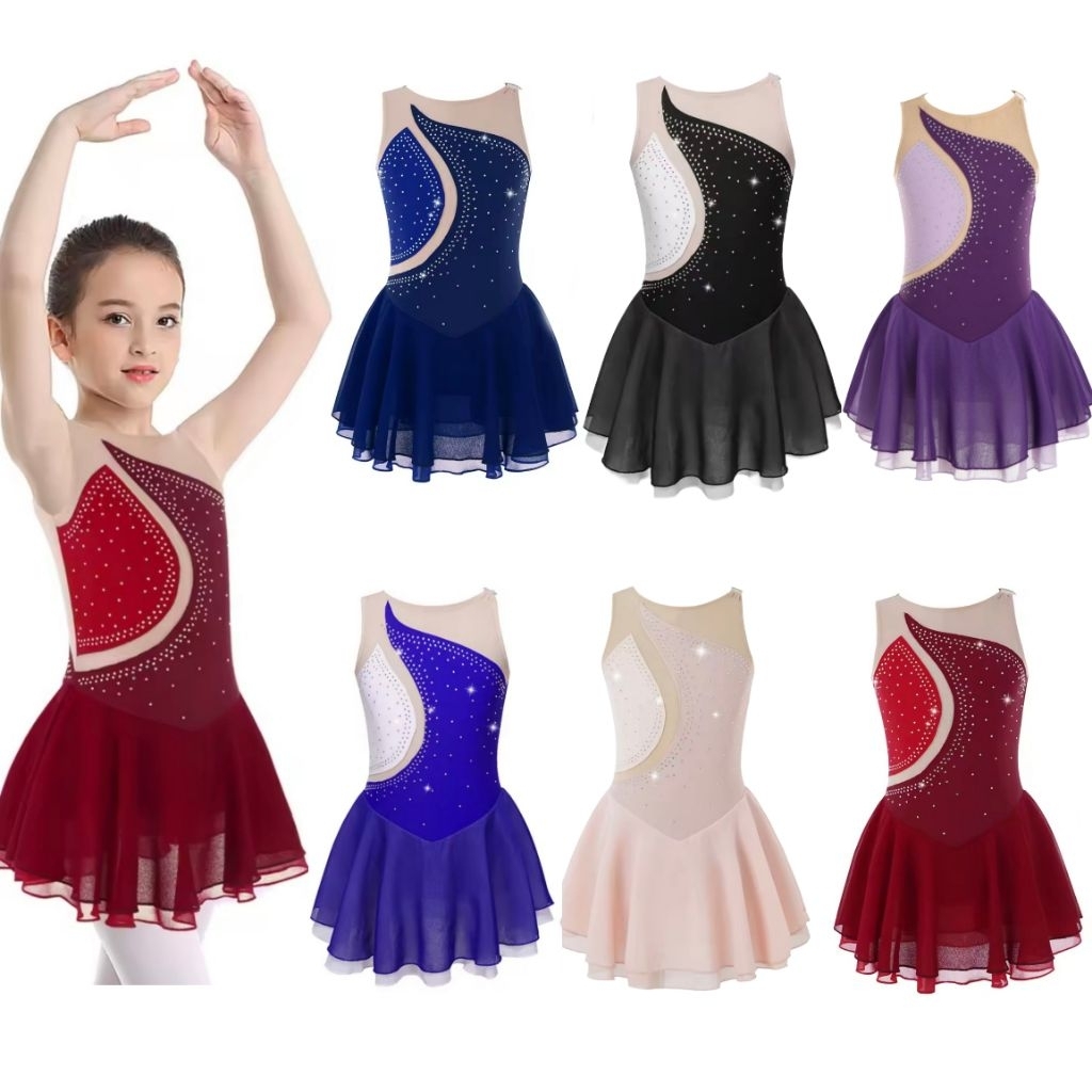 [136] Baju Gymnastic Anak Perempuan Ice Skating Costume Lengan Pendek 5-16 th (READY STOCK)
