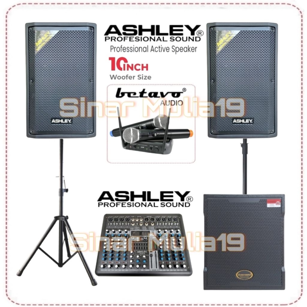 Paket Sound System Speaker Aktif 10 Inch ASHLEY dB 10A Original Mixer ASHLEY 8 Ch Subwoofer Aktif 12