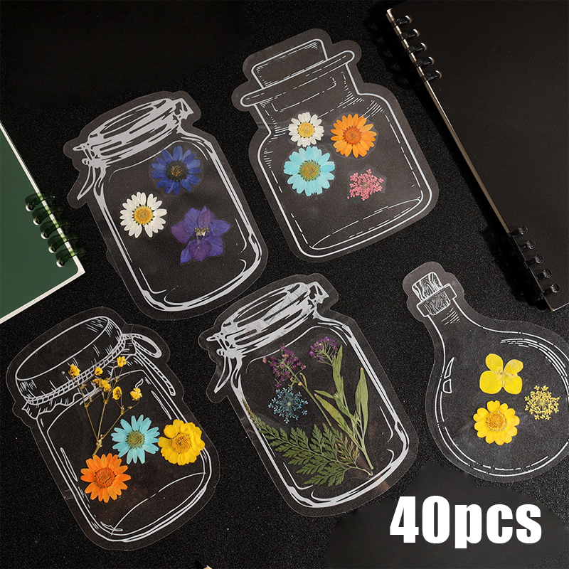 40pcs Stiker Estetik Diy Design Stiker Bunga Kering Flower Bookmark Scrapbook Journal Diary