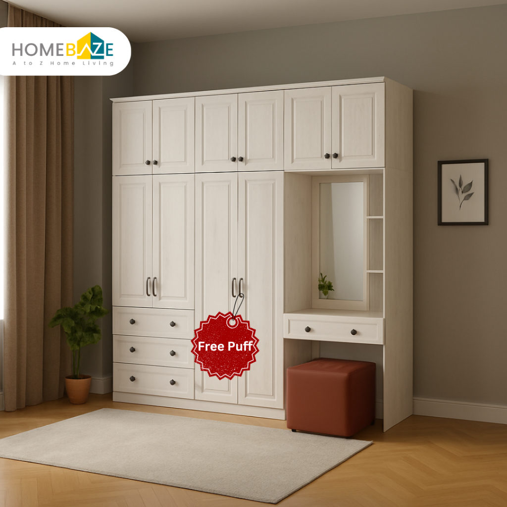 Homebaze - Lemari Pakaian + Laci, dengan Meja Kerja / Meja Belajar Warna Putih, Murah dan Kokoh