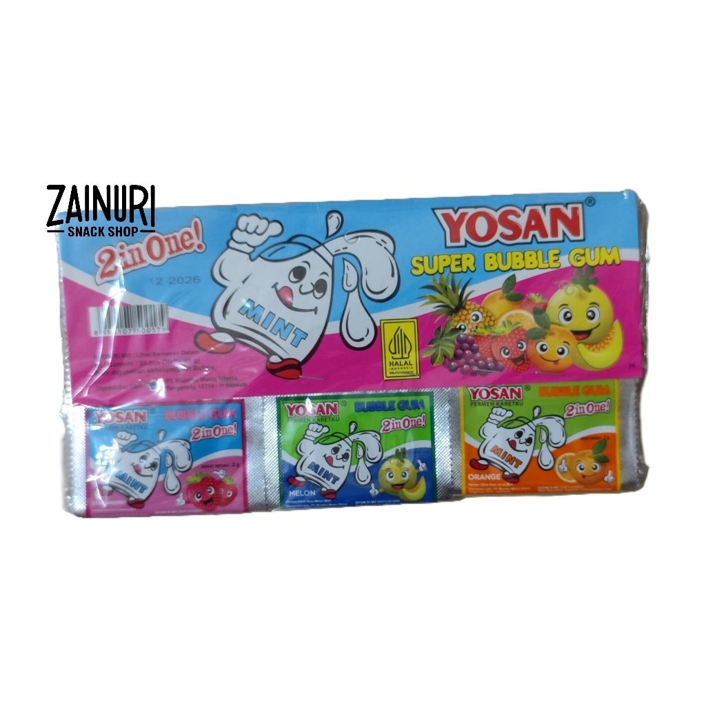 Yosan Super Bubble Gum 2 in 1 – Permen Karet Mint Buah Isi 24 pcs (48gr) Permen Jadul