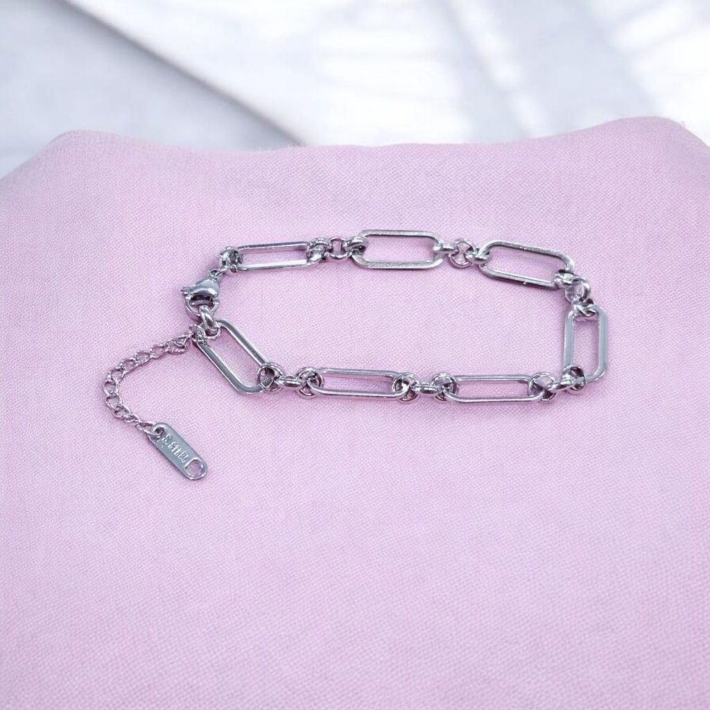 Gelang Titanium Putih Awet Antikarat Rantai Polos Paper Clip Elegan Wanita Remaja Dewasa