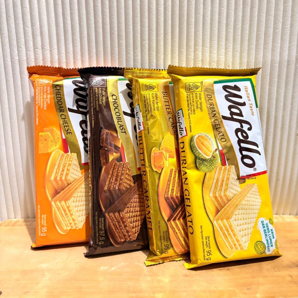 Wafello Wafer Chocoblast/Durian Gelato/Cheddar Cheese/Butter Caramel 95gr GROSIR