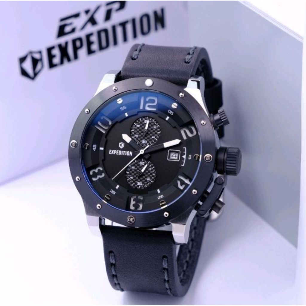 Expedition pria kulit chronograph E6381 silver black garansi 1 tahun