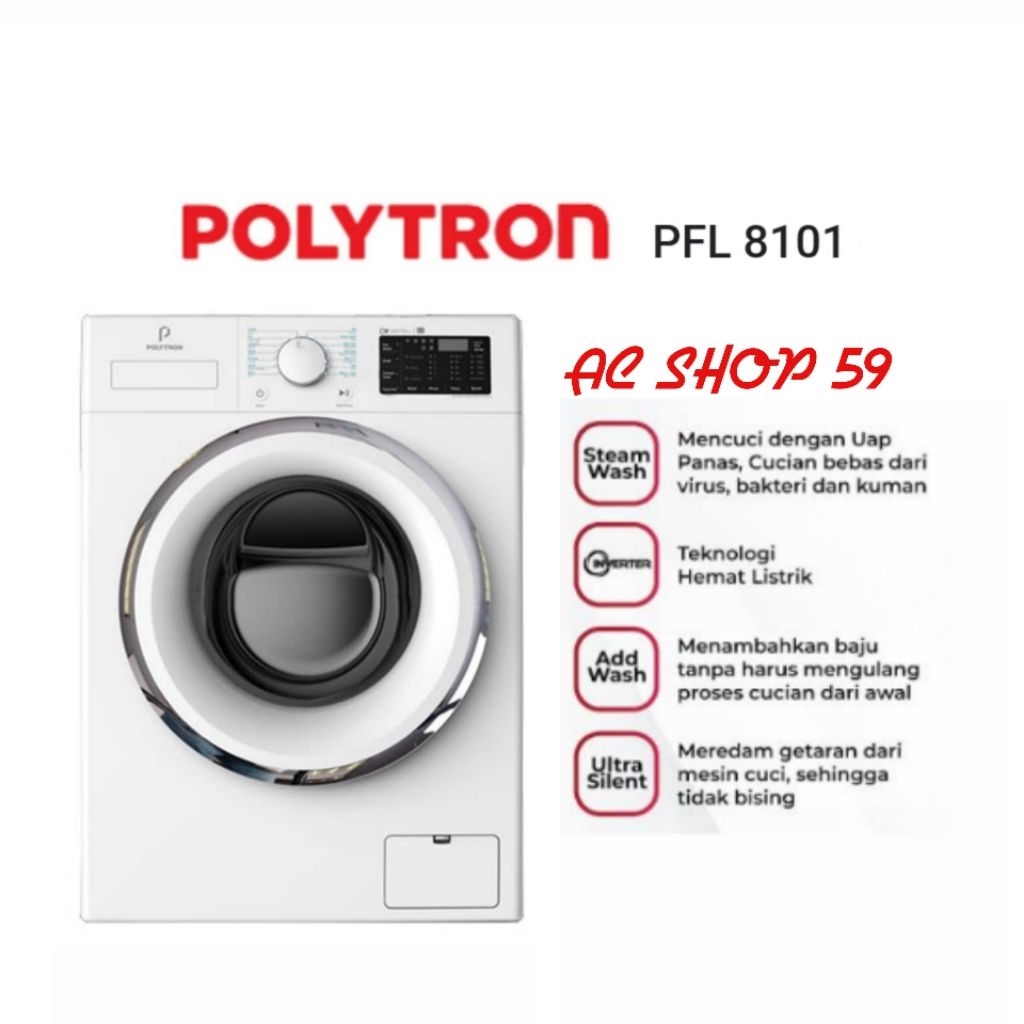 POLYTRON PFL8101 / PFL 8101 Mesin Cuci Front Loading Steam Wash 8Kg Wonder Wash Series New