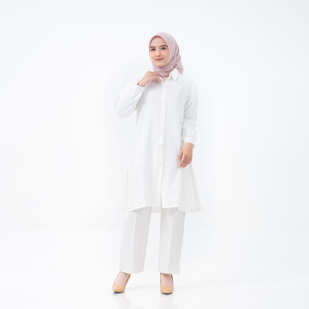 Kemeja Tunik Linen Polos Wanita – Kemeja Panjang Muslimah Casual Modis Premium Putih