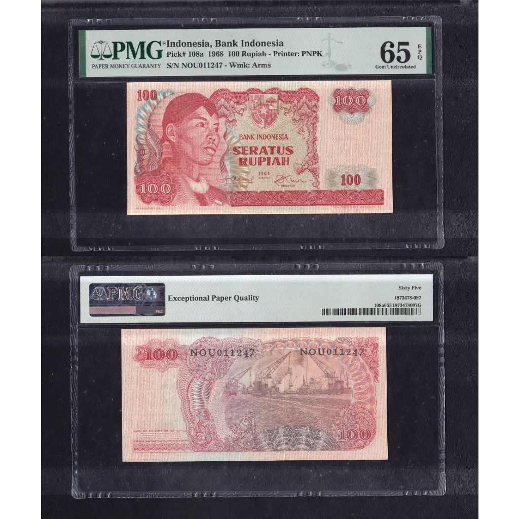 Uang kuno PMG 65 EPQ - 100 Rupiah tahun 1968 Jendral Sudirman S/N NOU011247