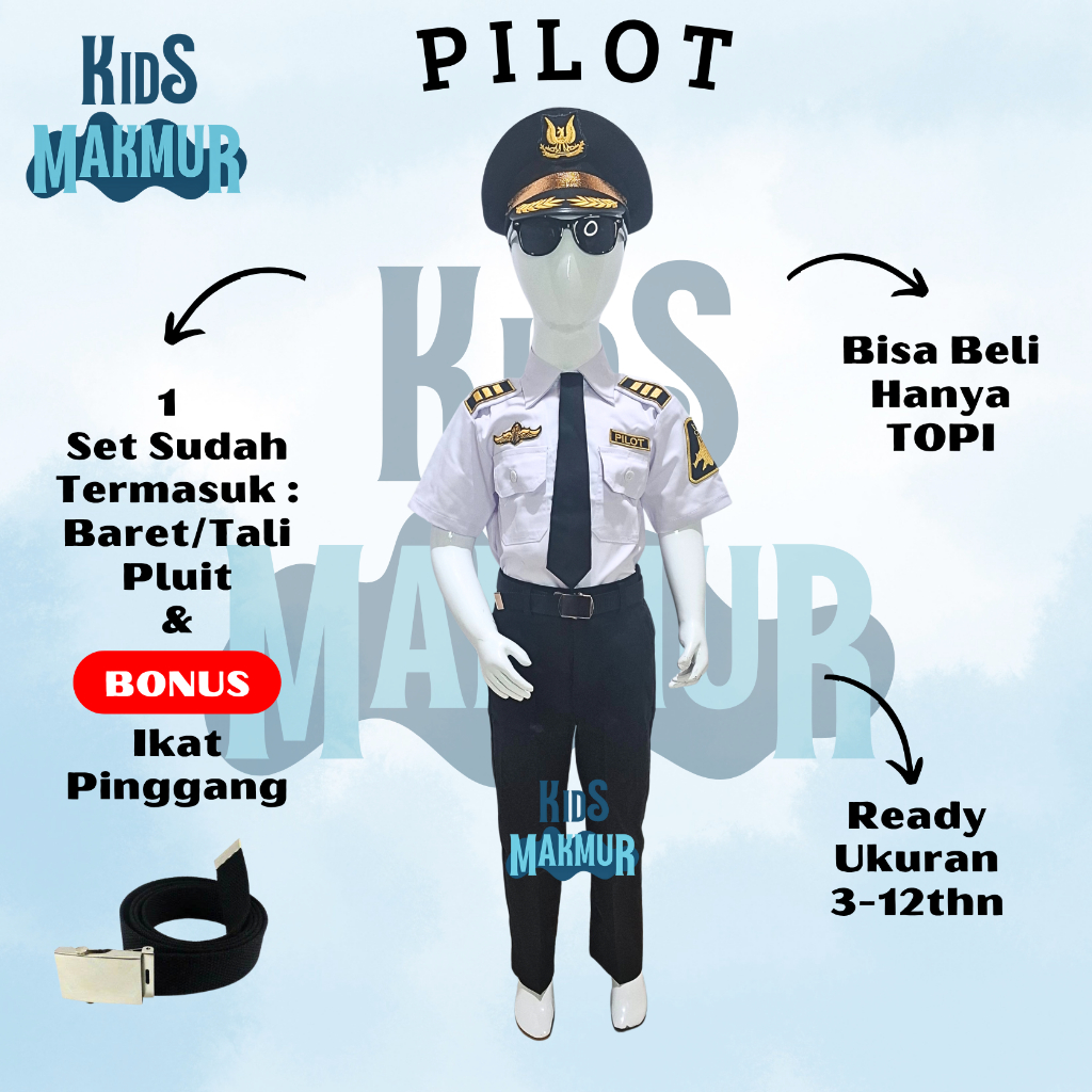 KIDS MAKMUR - Baju Profesi Pilot Anak Laki-Laki - Kostum Pilot Anak Laki-Laki - Seragam Pilot Anak