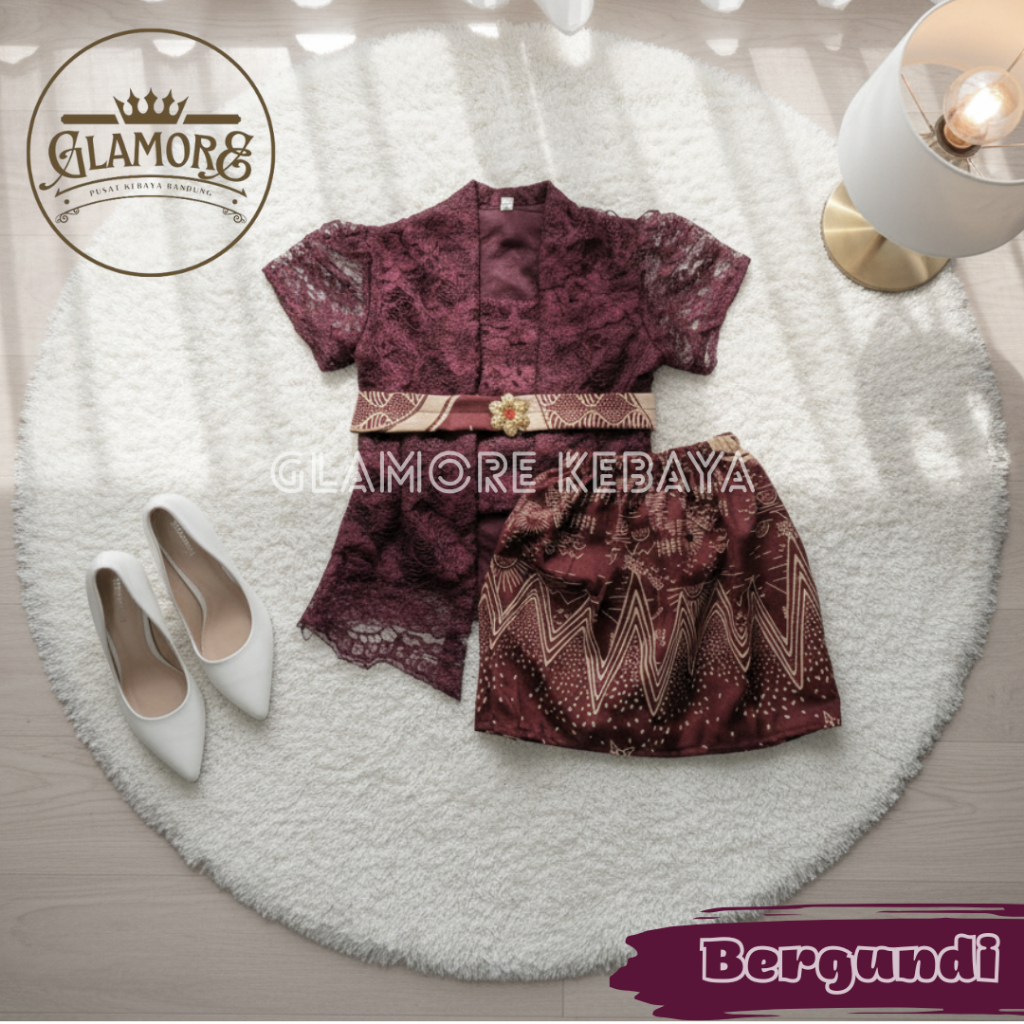 Glamore Setelan Kebaya Anak Kutubaru Rok Span Pendek Brukat Full Furing Pita dan Bros Cantik Usia 0 