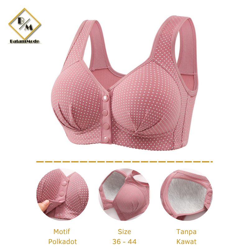 BATAMMODE Bra Wanita Big Size Kancing Depan Tanpa Kawat Motif Polkadot BH Jumbo Tanpa Kawat Busa Tip
