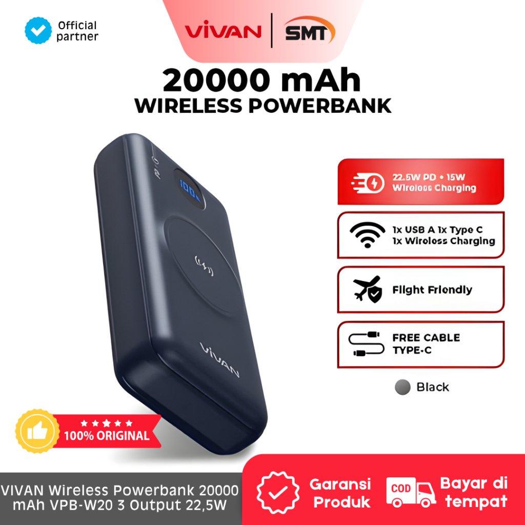 VIVAN VPB W20 Wireless Powerbank Bluetooth 20000 mAh Quick Charge PD QC3.0 Original