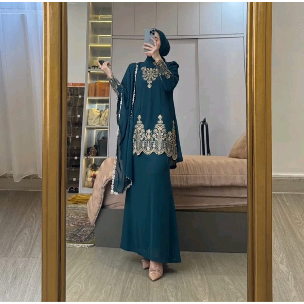 setelan rok ceruty babydol premium bordir/setelan rok gamis malaysia/gamis set rok dan hijab/gamis t