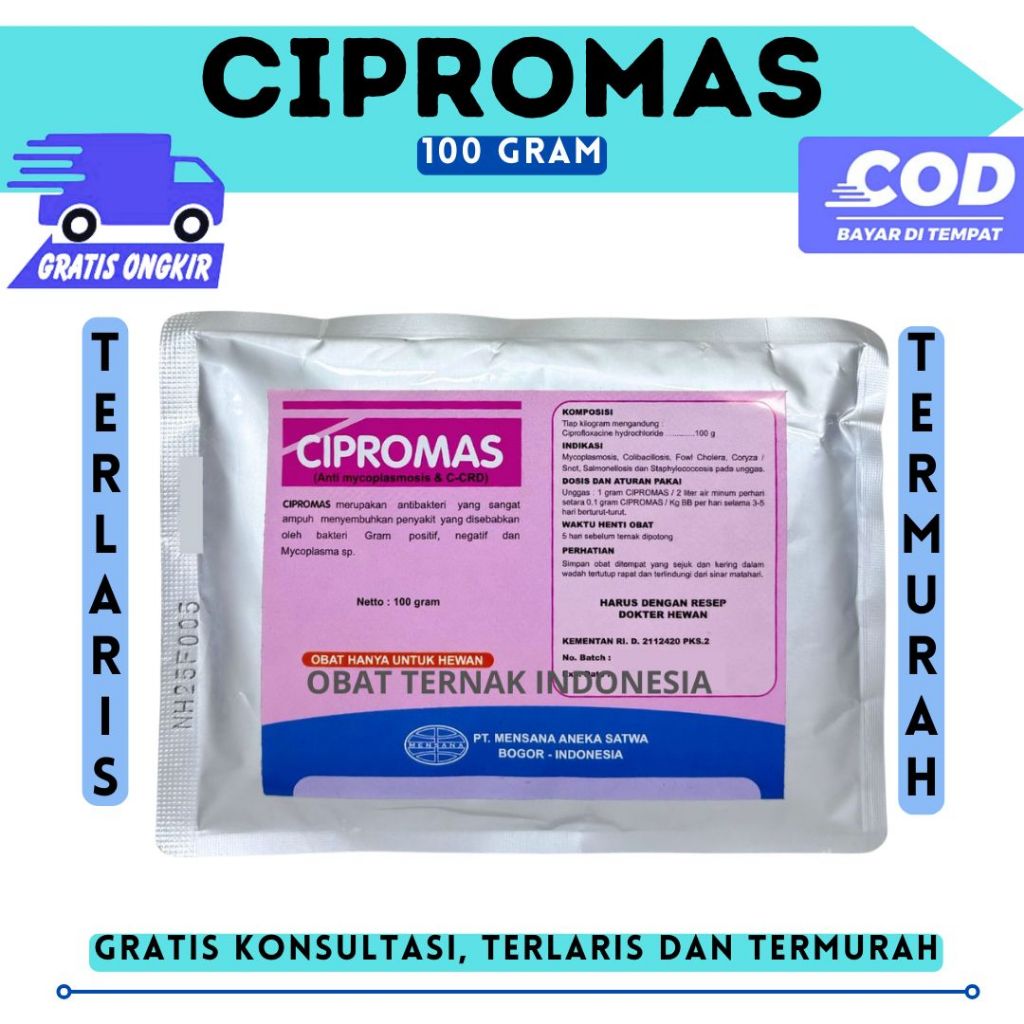 CIPROMAS 100 GRAM - Mensana -  Obat Ayam Ternak Hewan Anti Mycoplasma Crd Snot Salmonela Cholera