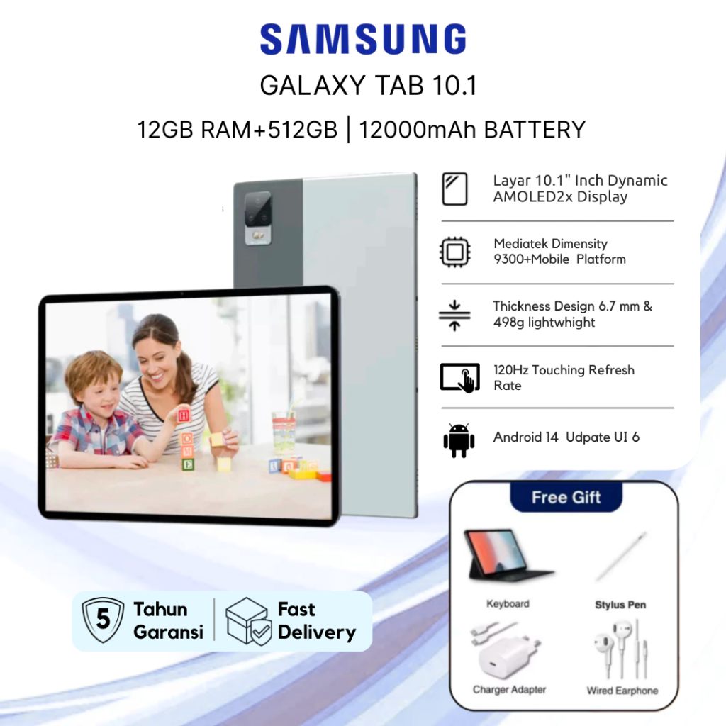 Android Tablet Galaxy Tab 10.1 - RAM 12GB ROM 512GB | 4G LTE | Android 12 | Baterai 10000mAh