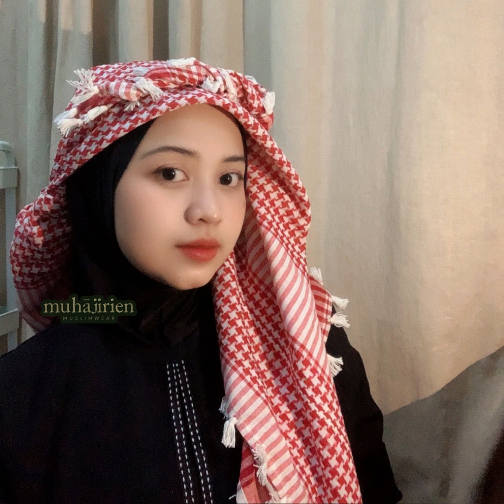 Sorban Arabian Merah Tactical Hijab Segi Empat Wanita Muslim Style Arabian (syal shemagh)