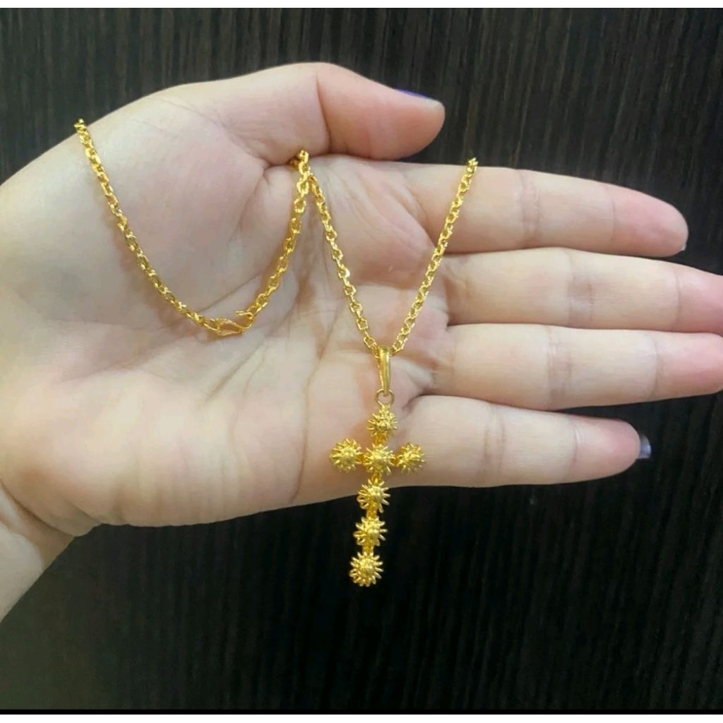 Kalung salib lapis emas asli 24k, salib matahari, salib plintir titanium lapis emas