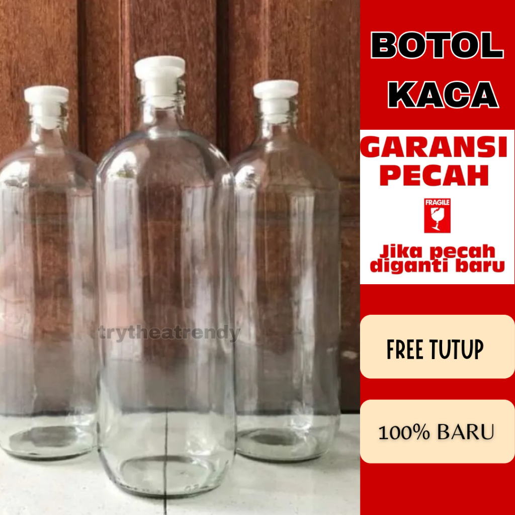 [FREE TUTUP]Botol Kaca 1 Liter Tutup plug cocok untuk botol bensin - botol minyak goreng - botol min
