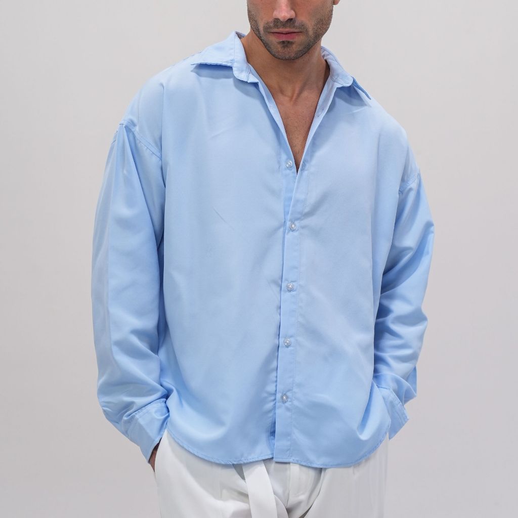 GRAYE HOMME Kemeja Oversize Panjang Pria Bahan Katun Pilihan Warna Biru Muda / Putih / Biru Garis / 