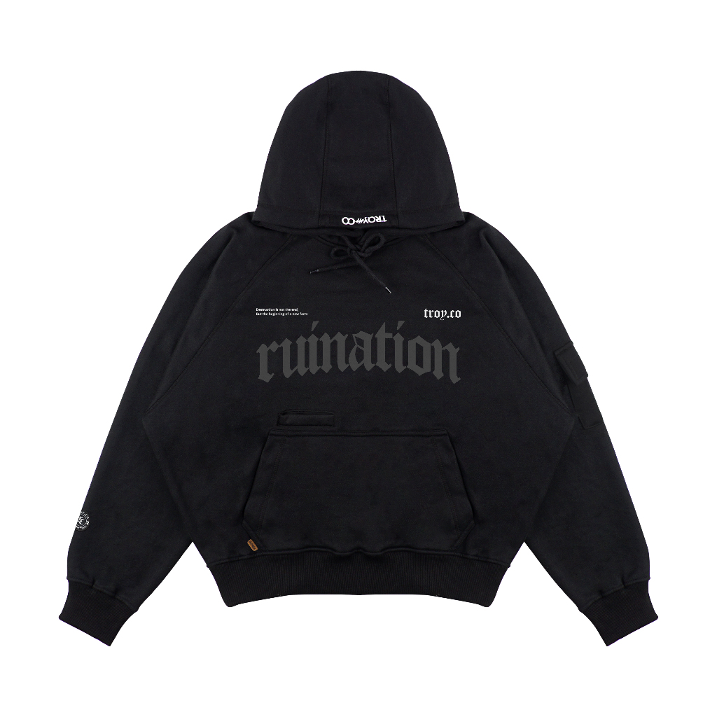 Troy Company Boxy Arm Pocket Hoodie Ruination - Hoodie Boxy Hitam BAPH 3402