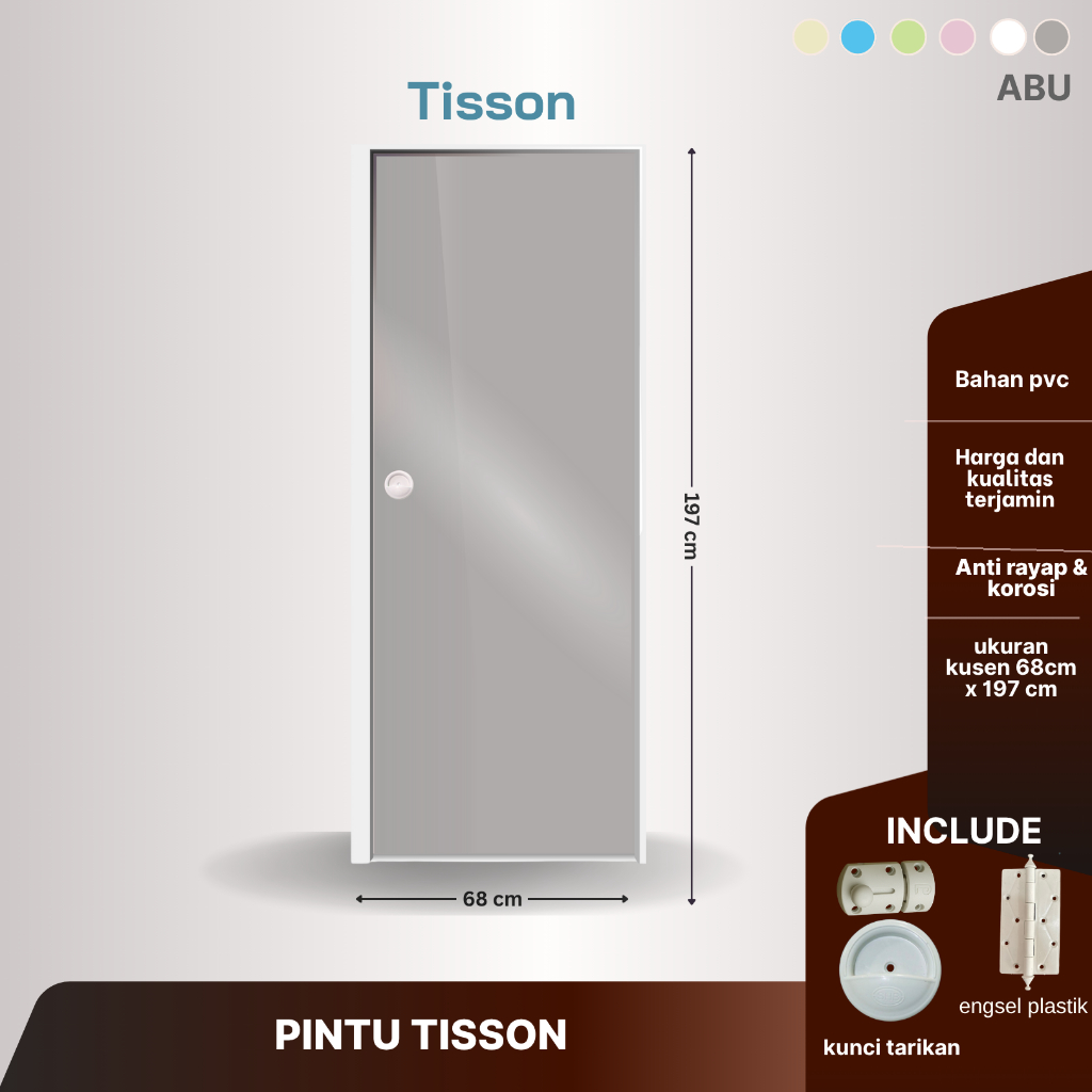 PINTU KAMAR MANDI PVC TISSON Lebar kusen 7 cm paket handle tarikan dan grendel