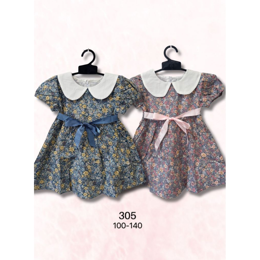 Dress Anak Perempuan Motif Bunga Kecil Kerah Putih Pita Lucu | Baju Anak Cewek Katun Adem 100-140