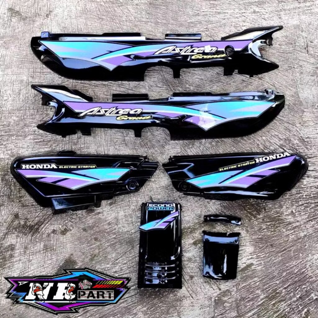 cover body honda astrea grand body set panel dan bok aki astrea grand sabit set striping biru ungu o