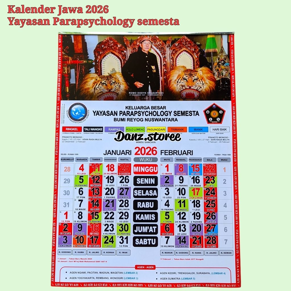 Kalender 2026 /Kalender jawa lengkap 2026 YAYASAN PARAPSYCHOLOGY SEMESTA /YPS Kalender Wuku