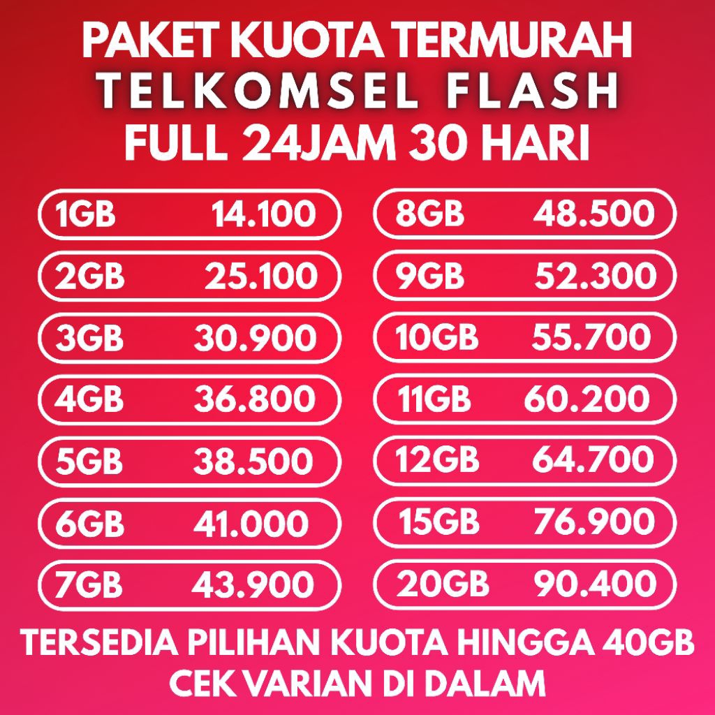 Paket Kuota Telkomsel Flash 24 Jam 30 Hari – Full Internet Semua Jaringan 4G/5G | 1GB – 40GB