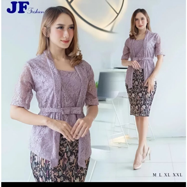 SETELAN KEBAYA BROKAT KUTUBARU MIX ROK PLISKET BATIK PENDEK DEWASA / SET KEBAYA NON HIJAB MODERN / B
