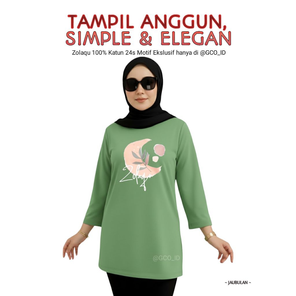 Kaos Semitunik Zolaqu Original Terbaru 2025 Hijau Sage | Oversize ZLQ Tunik Motif Bulan Lengan Panja