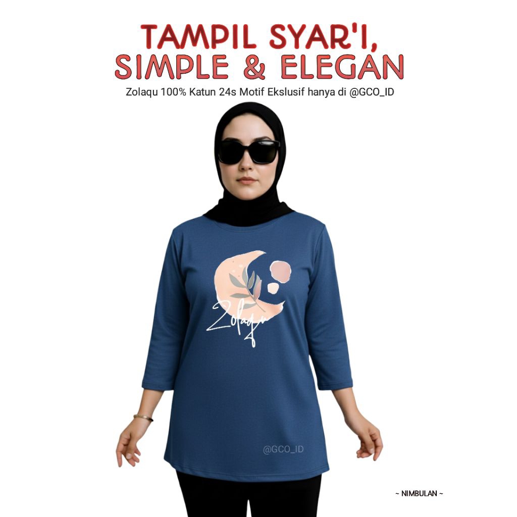 Semitunik Zolaqu Original Wanita Terbaru | Kaos Oversize Biru Denim Motif Bulan Kekinian 2025 Lengan