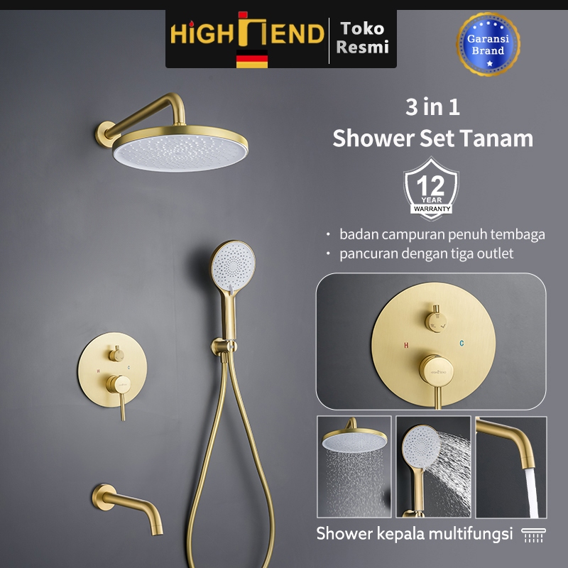 HIGHNEND Emas Shower Tanam Tembok Kamar Mandi Air Panas Dingin Tembaga Satu Set Lengkap LY07013NECH0