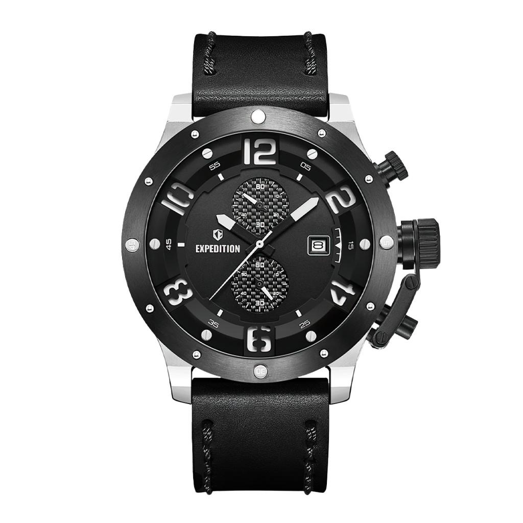 Jam Tangan Pria Expedition Chronograph E 6381 MCLTBBA1 Black Dial Black Genuine Leather Strap