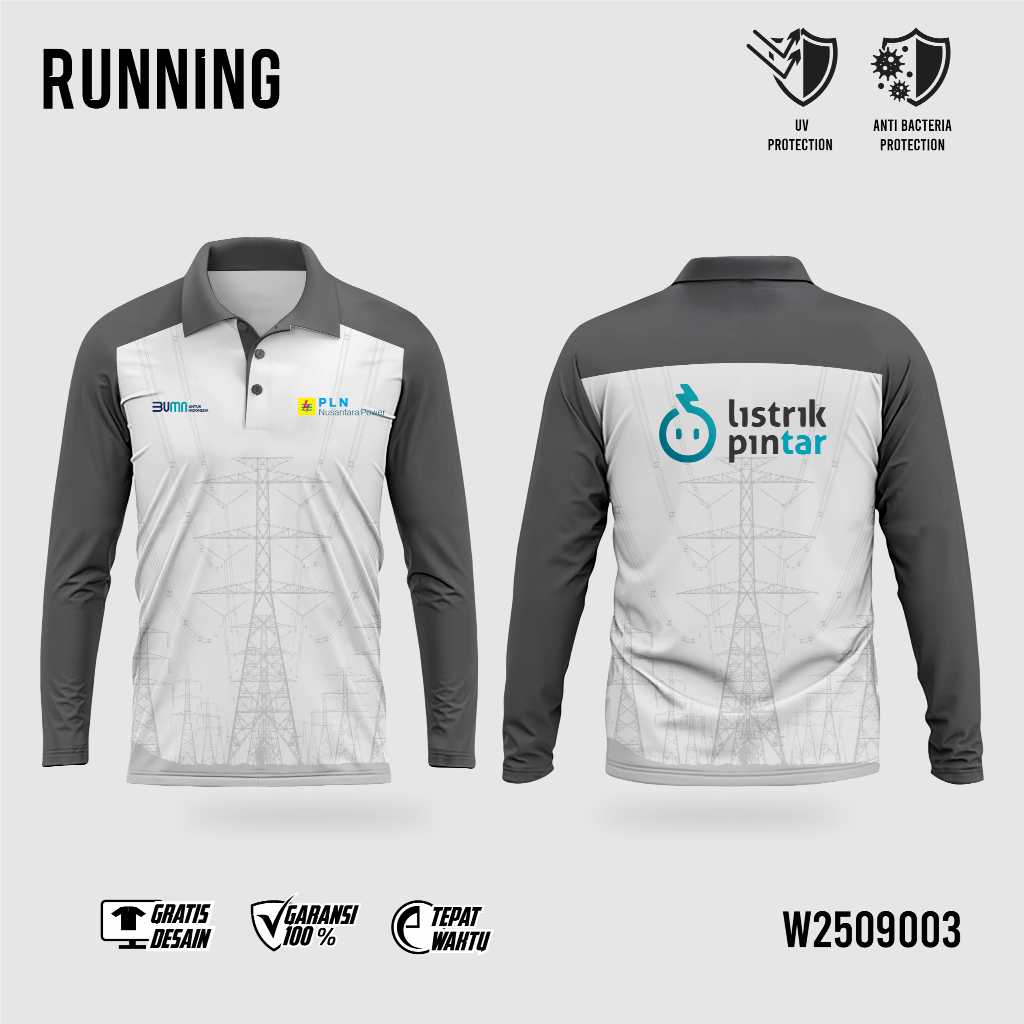 Baju Jersey Kerah Kancing PLN Polo | Kaos Polo Fullprinting PLN Putih Abu Sutet