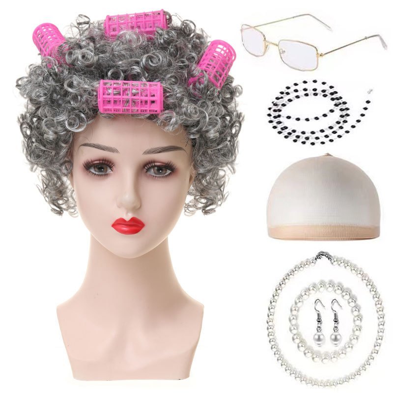 Wig Cosplay Nenek Rambut Palsu Keriting Pendek Abu Putih Jakarta