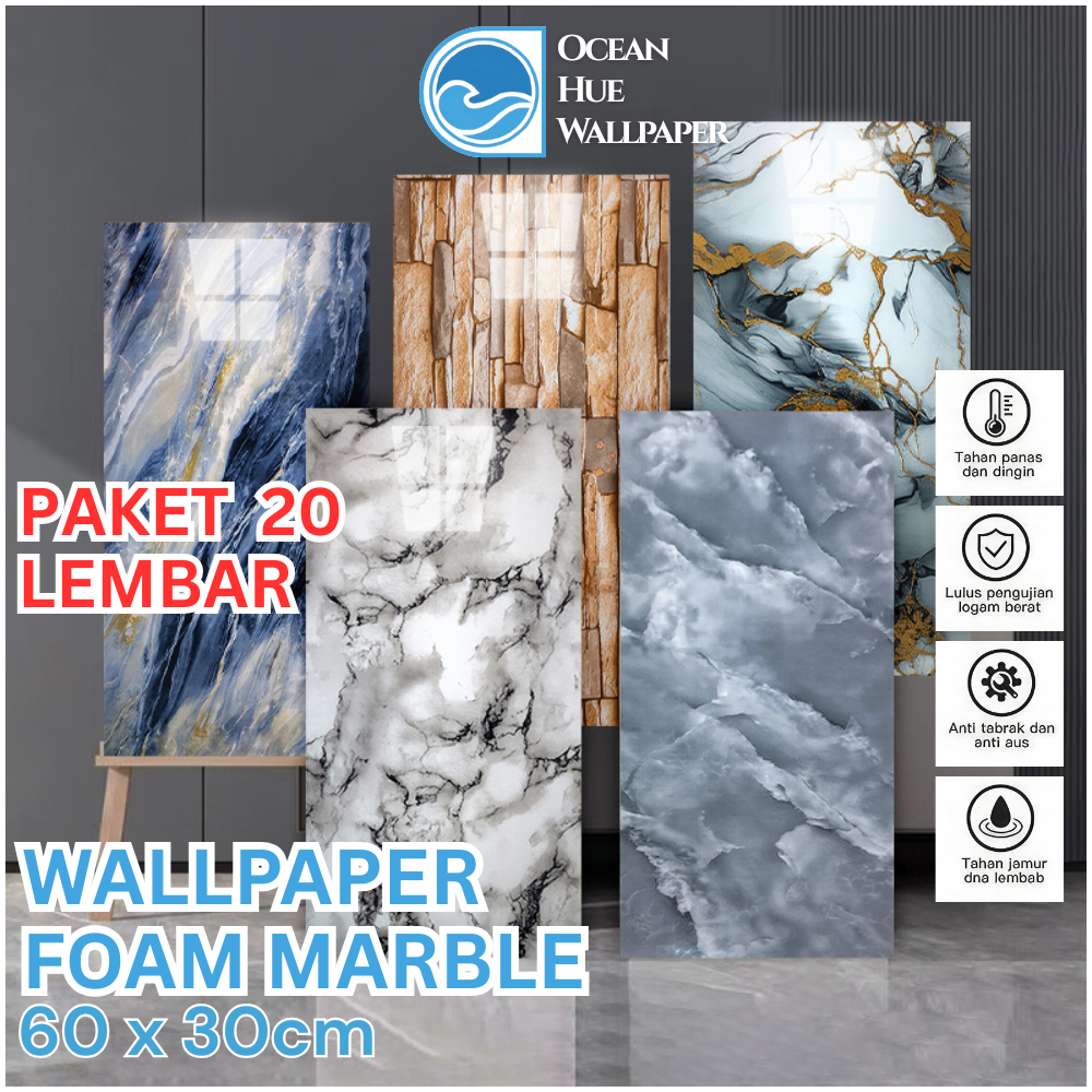 Paket 20 Lembar - wallpaper dinding - wallpanel pvc dinding - vinyl lantai Foam Vinyl Marble 30X60Cm
