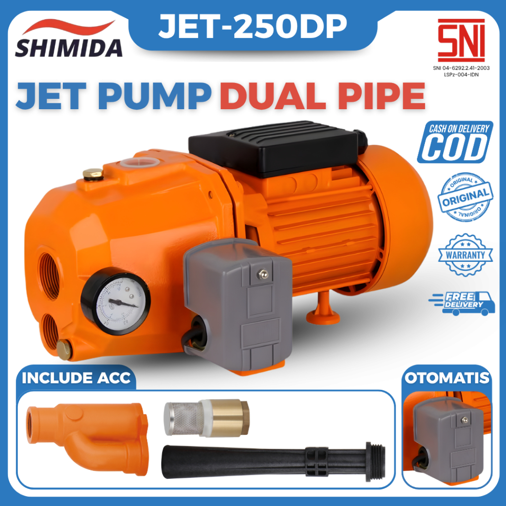SHIMIDA Pompa Air JetPump JET-250DP OTOMATIS Mesin JET PUMP Sumur Air Rumah Tangga Pompa Air Listrik