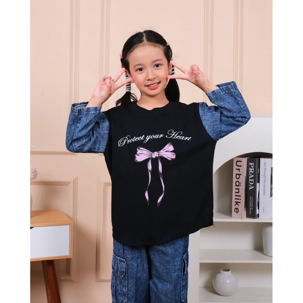 Setelan Anak Perempuan Celana Levis Cargo Baju Gambar Pita Usia 3 Tahun-14 Tahun Blue Indigo