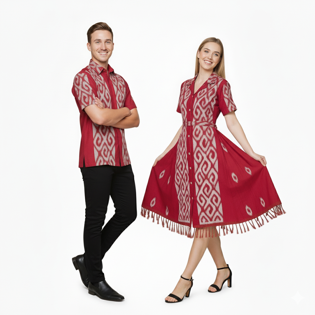 COUPLE TENUN MERAH MAROON DESAIN MODERN BAJU KONDANGAN PASANGAN TRENDY