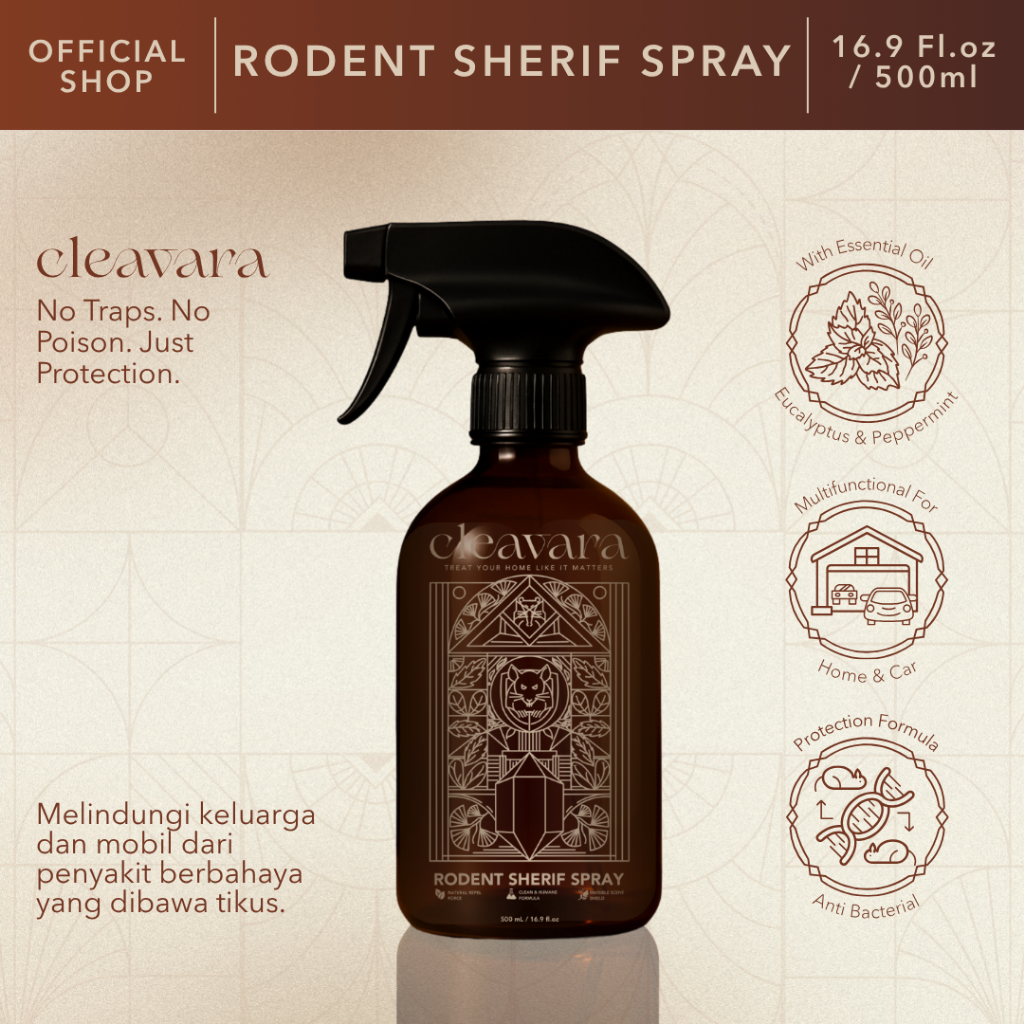 CLEAVARA RODENT SHERIF 500ML & REFILL 1L | Semprotan Pengusir Tikus Curut Celurut Wangi Parfum, Cairan Anti Tikus Kamar Dapur Gudang Plafon Kap Mesin Mobil Kabel, Tanpa Racun Tanpa Perangkap, Spray Anti Tikus Rumah Ampuh