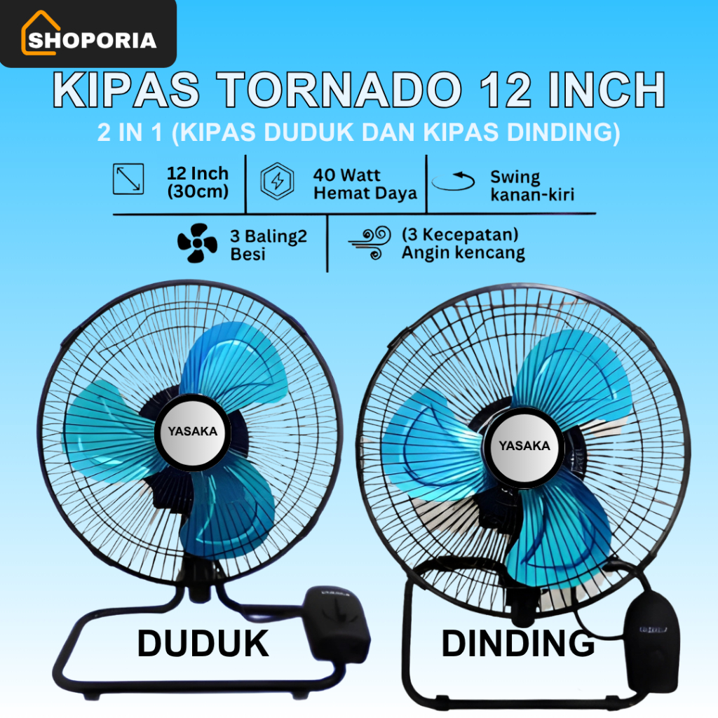 YASAKA Kipas Angin Tornado Besi Duduk / Dinding Besar 12 Inch