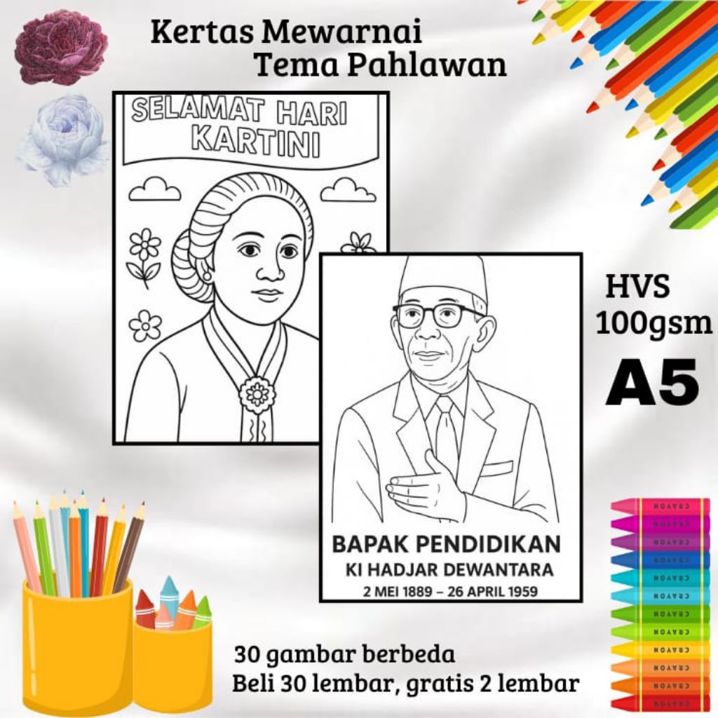 30 LEMBAR KERTAS GAMBAR MEWARNAI TEMA PAHLAWAN (READY LANGSUNG KIRIM)