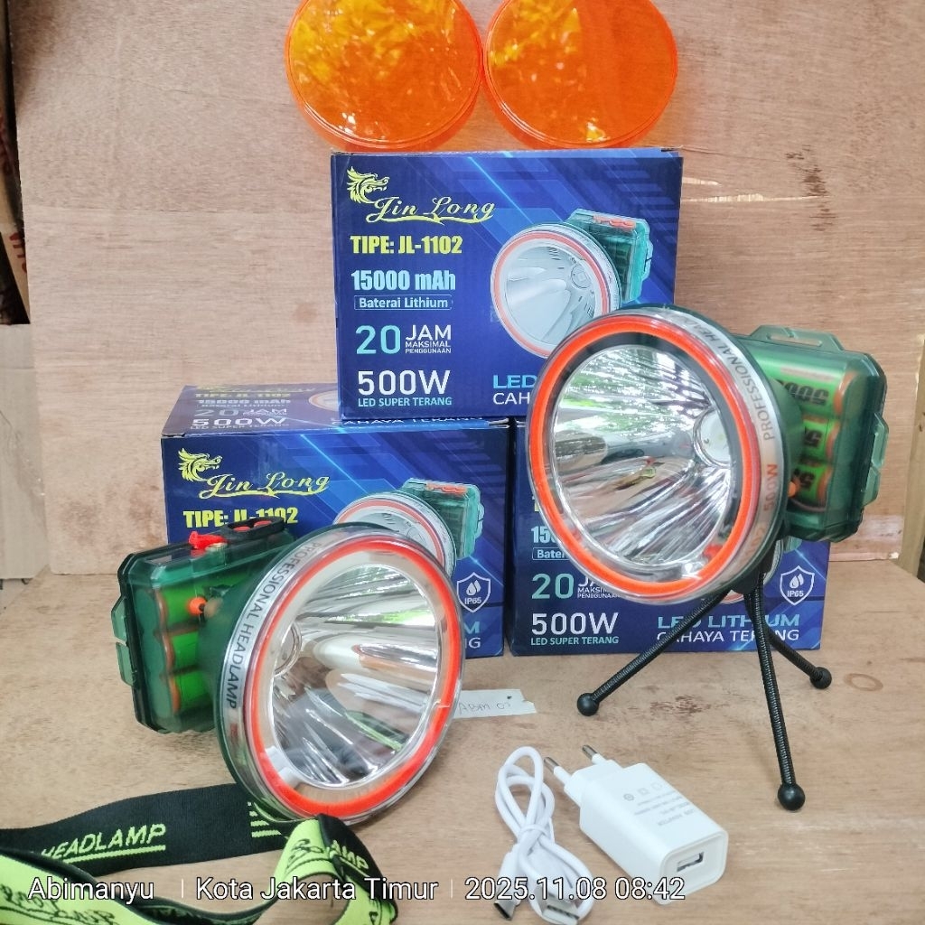 Senter kepala jinlong LED CHIP LASER 500 WATT JL-1102  waterproof IP65 baterai 3x18650 kapasitas 15.