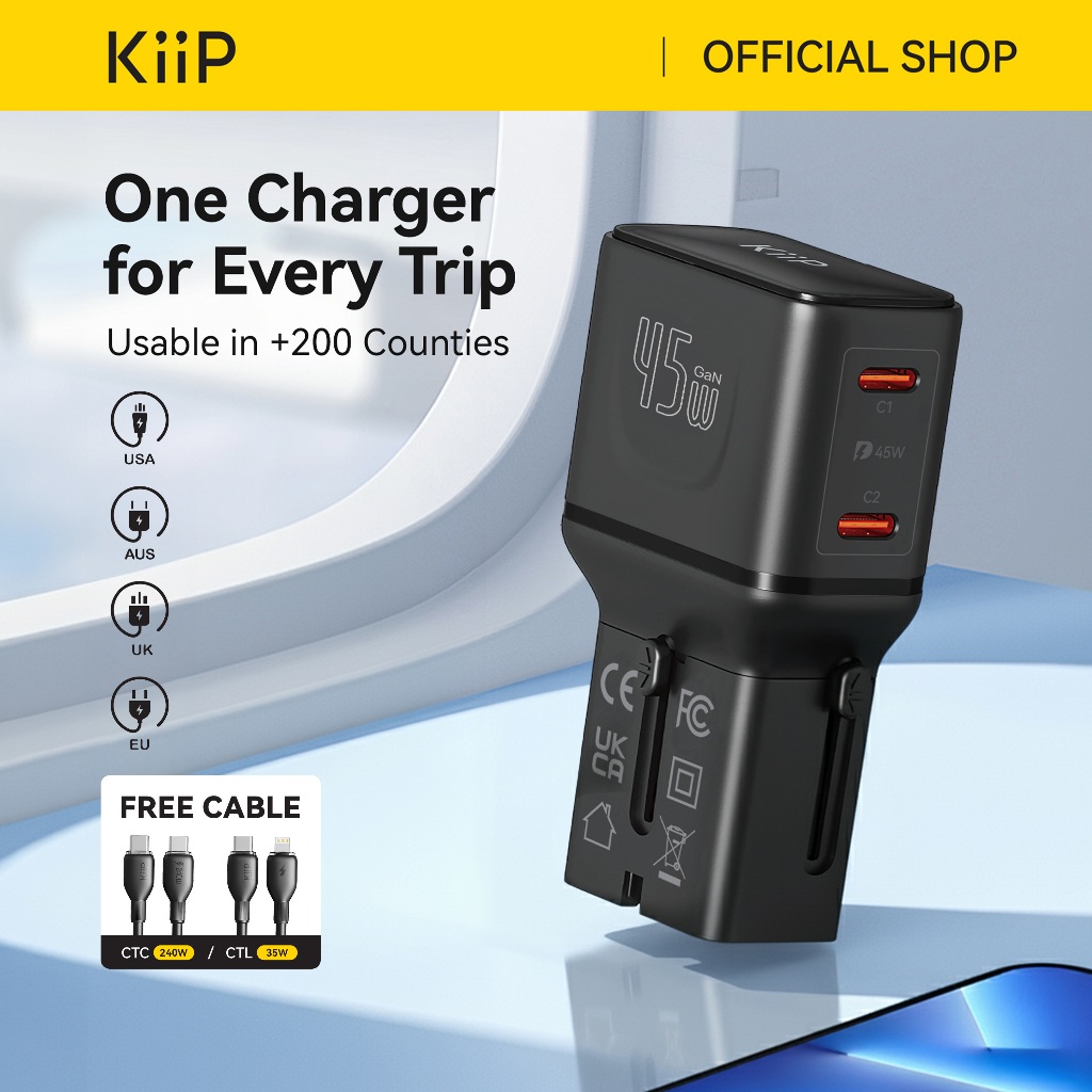 Kiip C35T Universal Travel Adaptor Charger Mini Fast Charging 45w GaN Portable Travel