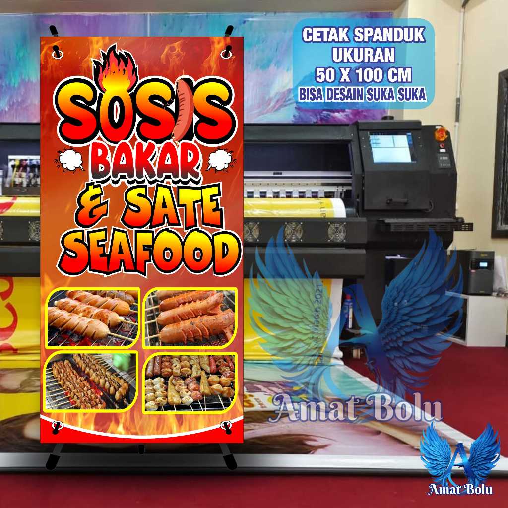 Cetak Spanduk Cetak Banner SOSIS BAKAR DAN SATE SEAFOOD Costom Desain