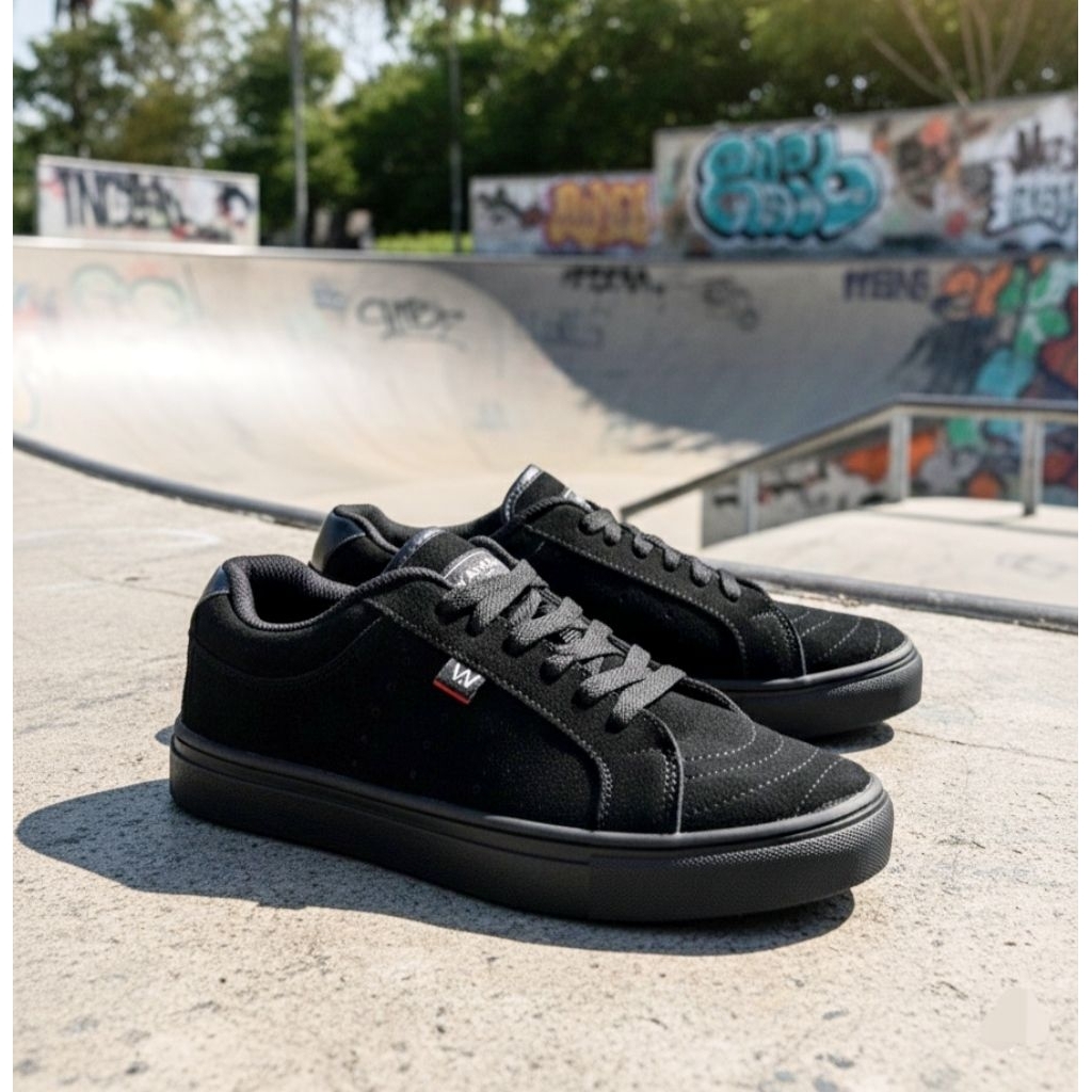 Sepatu Sneakers Hitam Pria Full Black Kulit Asli