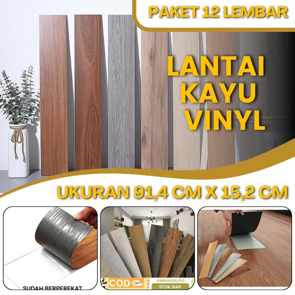 Lantai Kayu Vinyl Lantai Motif Kayu Jati Vynil Flooring Wood Tempel Lepas Pasang Paket 12 Lembar