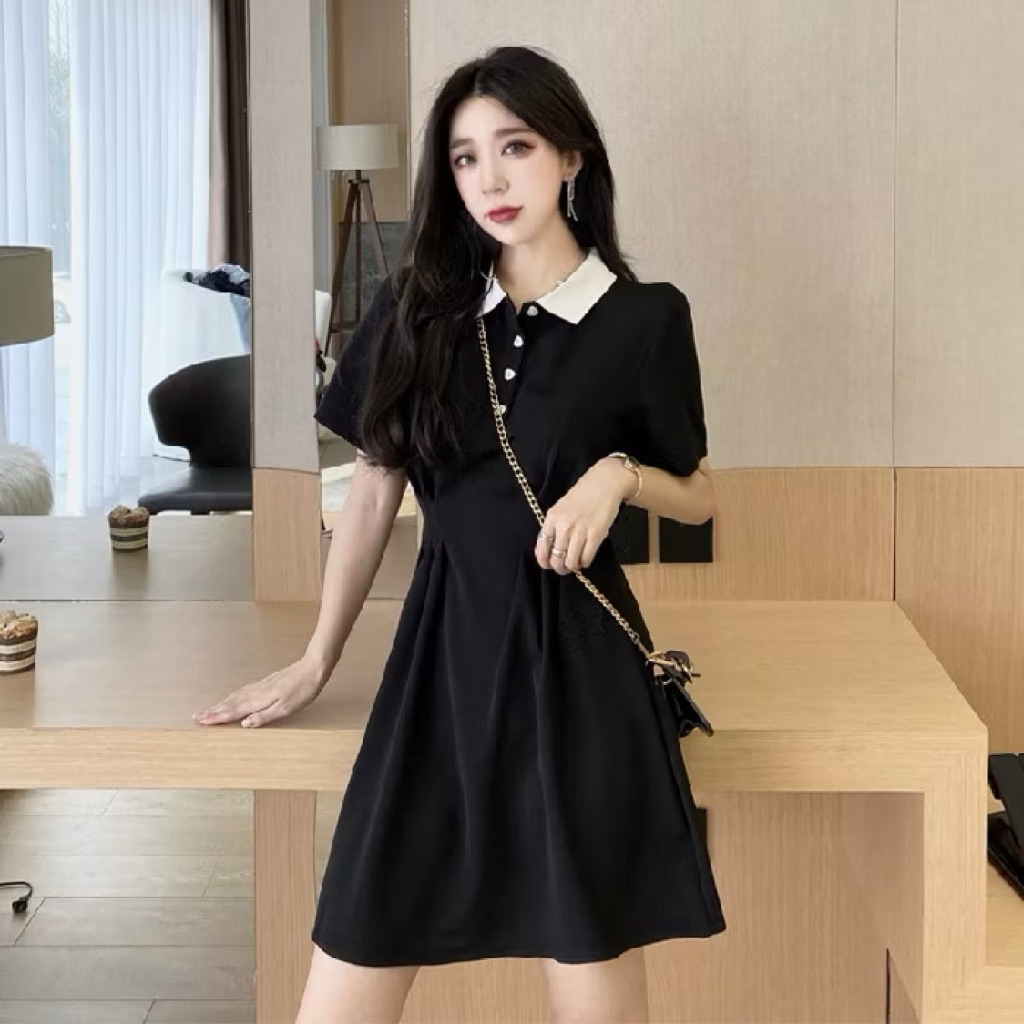 Dress Wanita Gaun Cute Korea Student Style - Dress Pendek Hitam - Dress Padel - Dress pendek hitam k