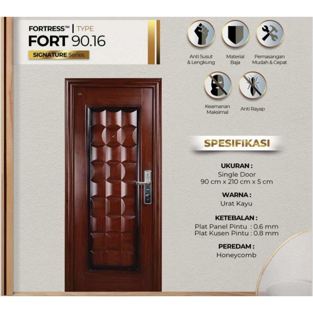 PINTU BAJA FORTRESS FORT 90 - UKURAN 90x210 PINTU FORTRESS SINGLE URAT KAYA - PUTIH - HITAM